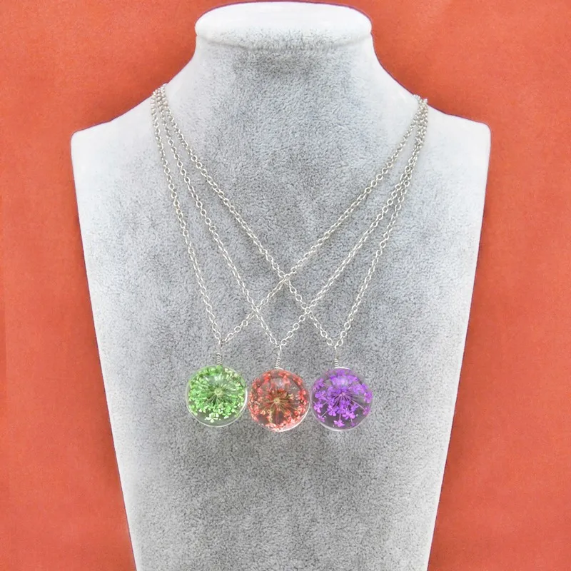 New Cute Girls Natural Dry Flower Pendant Necklace For Women Fashion Crystal Ball Flowers Female Jewelry Party Gift