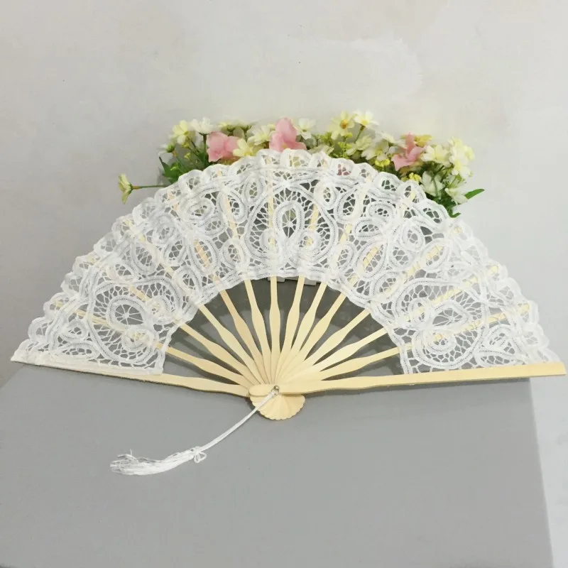 10PCS 27cm Size Handmade Lady's Embroidery Lace Hand Fan White Color Wedding Favor With Tassel For Bride