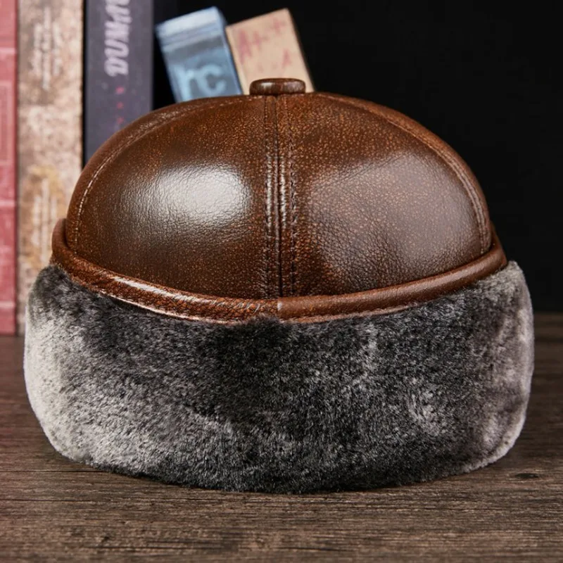 XdanqinX Genuine Leather Hat Men\'s Winter Warm Baseball Caps Snapback Dad Cap Plus Velvet Thicken Cowhide Earmuffs Hats For Men