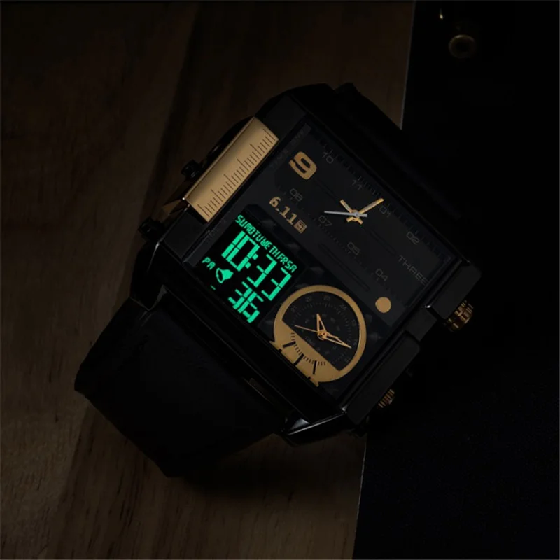 Watches Men LED Waterproof Two Time Zone Mens Square Watches Luxury Big Size Male Quartz Sport Watch Relogio Masculino