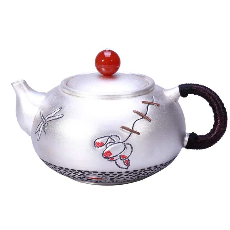 Sterling silver handmade 999 red sandalwood side pot sterling silver hammer pattern silver pot tea set