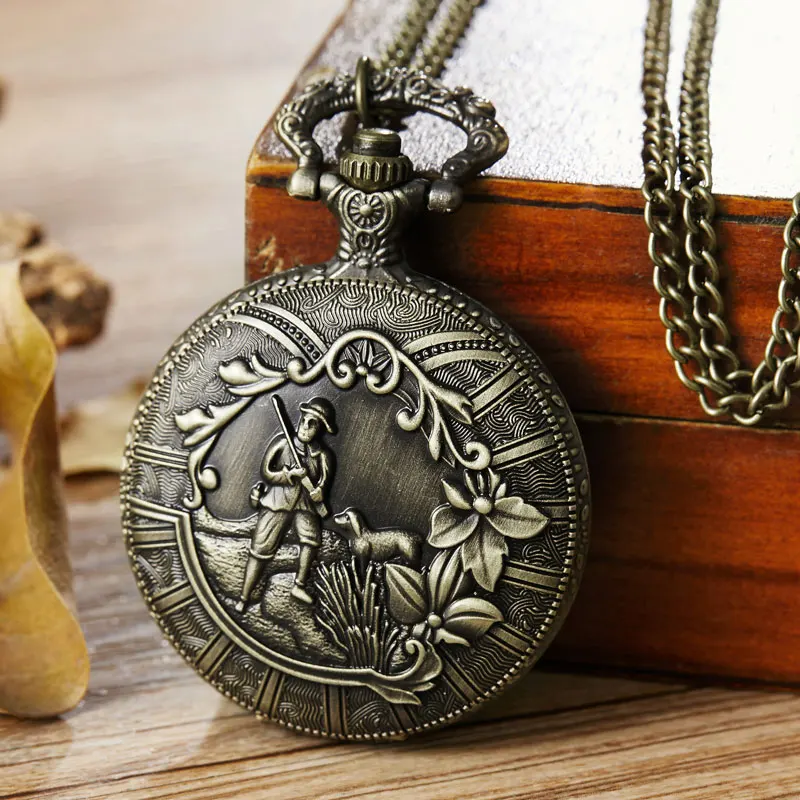 Soldier Hunting Dog Pocket Watch Flower Laser Engraved Steampunk Quartz Fob Watches  Men Women Necklace Clock with Chain reloj