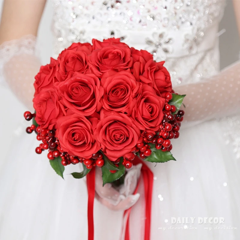 

Real touch rose high simulation artificial flowers wedding bouquet for brides / bridesmaids new pink / red rose bridal bouquet