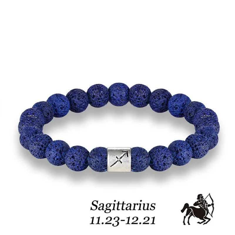Men 12 Zodiac Signs 8mm Beads Bracelets Handmade Vintage Blue Lava Stone Beads Elastic Bangles Women Jewelry Gifts Drop Shipping
