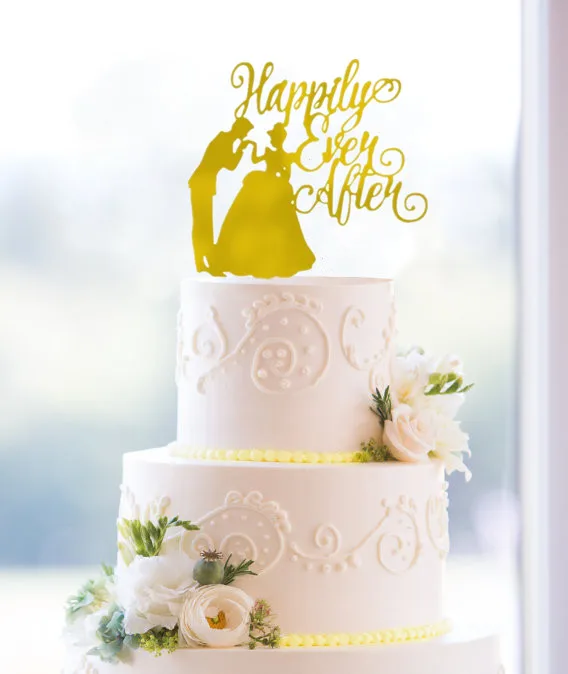 " Happily Ever After "  Mirror Gold  Wedding Cake Topper Personalized Bride and Groom  Cake Toppers for Wedding Decoration