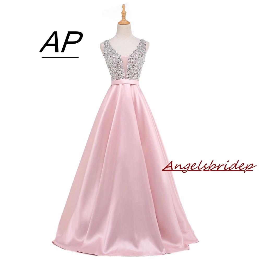 

Angelsbridep Satin Prom Dresses Deep V-Neck Crystal Sequined Vestidos De Fiesta Real Photo Bodice Prom Party Gowns Custom