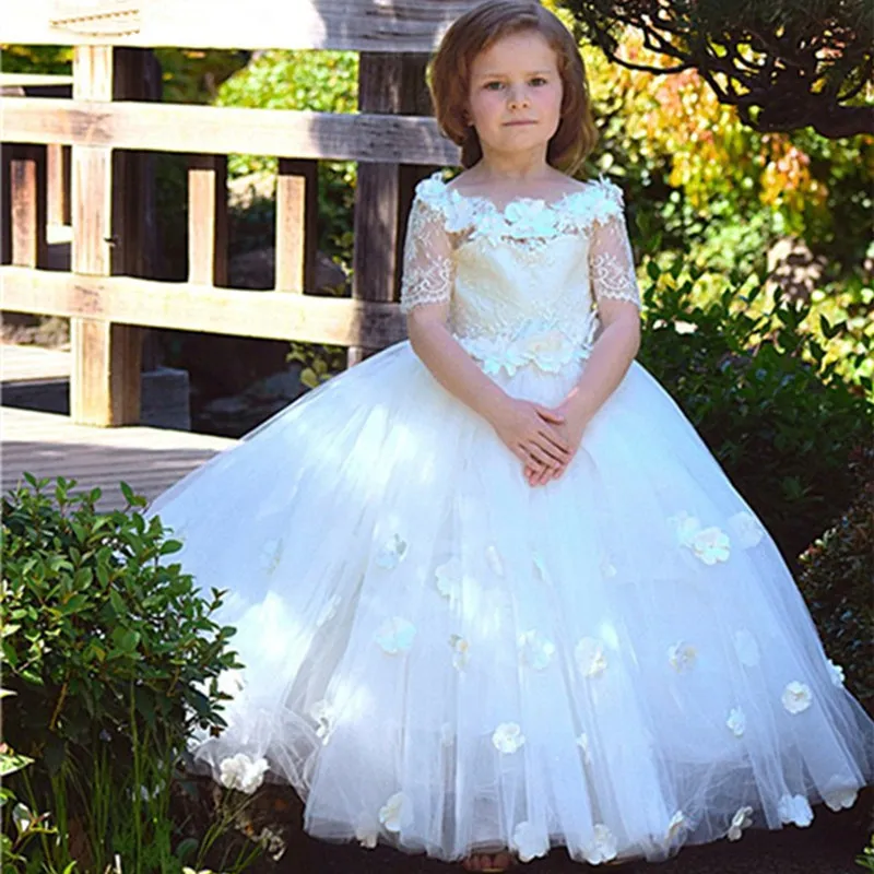 Flower Girls Dresse Tulle Fluffy For Wedding Petal Lace Appliqué Half Sleeve Girls First Holy Communion Birthday Party Dresses