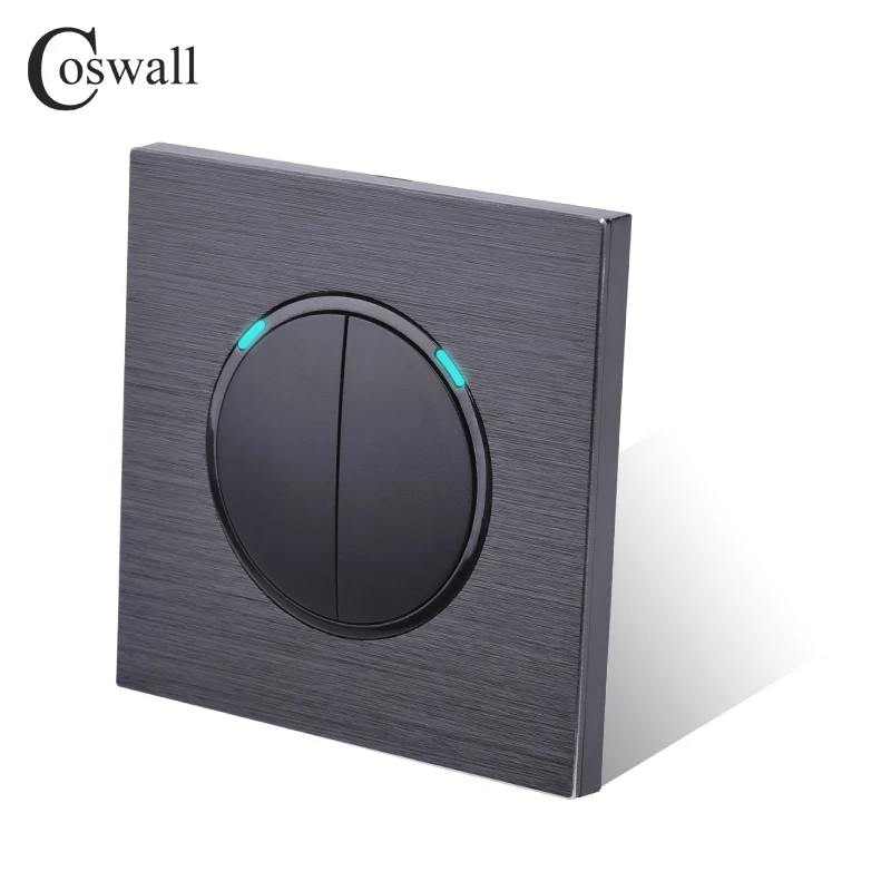 Coswall 2 Gang 1 Way Random Click On / Off Wall Light Switch With LED Indicator Black / Silver Grey Aluminum Metal Panel R12-02