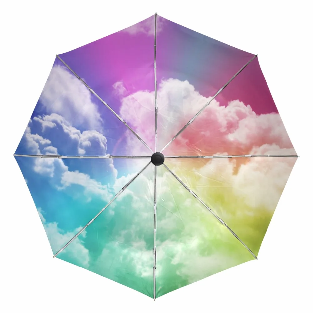 Creative Three Folding Female Umbrella Automatic Colorful Sky Kazbrella Windproof Umbrella Rain Women Sun Protection Umbrellas