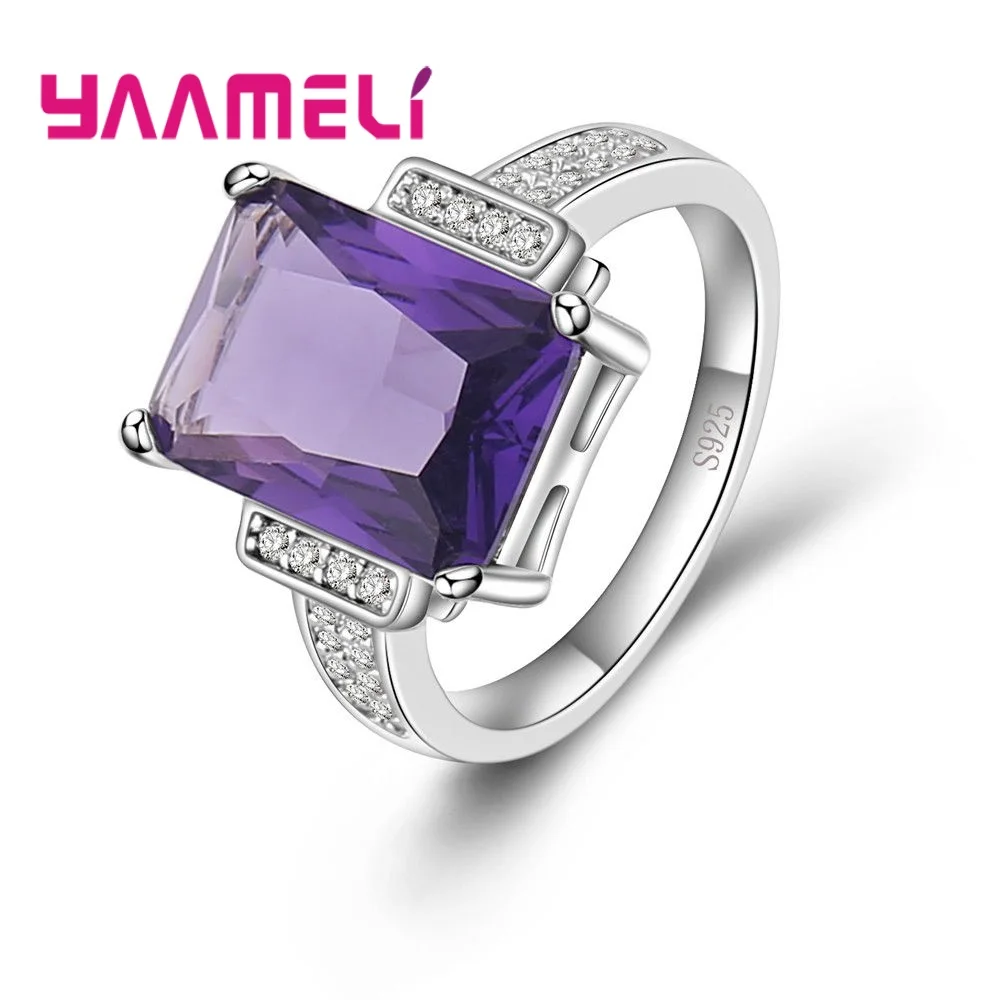 New Square Purple Cubic Zirconia Rings For Women Fashion Wedding Engagement 925 Sterling Silver Needle Rings