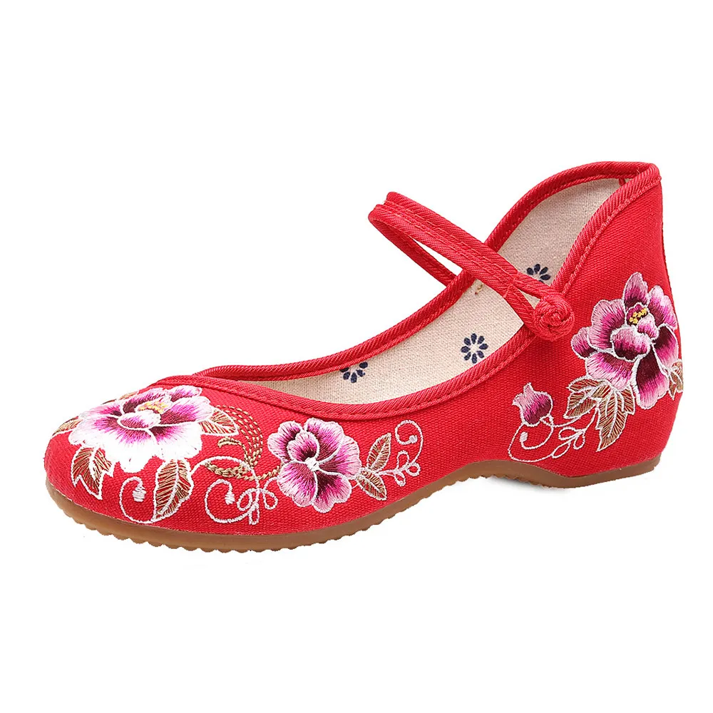 Veowalk Floral Embroidered Women Cotton Fabric Ballet Flats Strengthen Sole Elegant Ladies Casual Walking Shoes Breathable