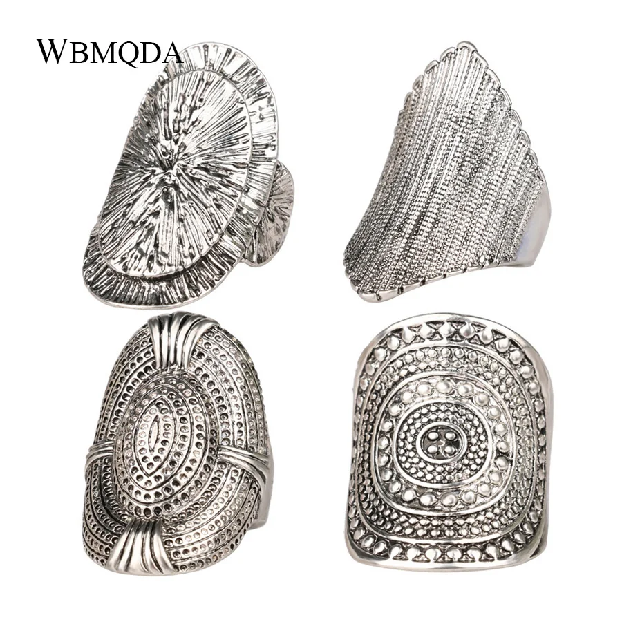 4 Pcs/lot Vintage Ethnic Tibetan Silver Jewelry Hip Hop Punk Rock Big Midi Finger Knuckle Biker Ring Set Men Accessories