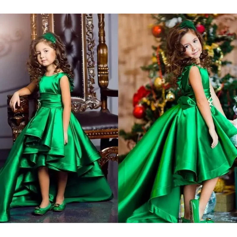 

Flower girls Dresses for Wedding Emerald Green Taffeta Girls Pageant Dresses O Neck Kids Party Dresses 2020 High Low Girls