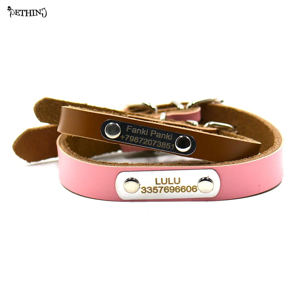 Pet Dog Cat ID Collar Free Engraving Cow Leather Genuine Leather DIY Collar Tag Customized Name Number Puppy Personalized Collar