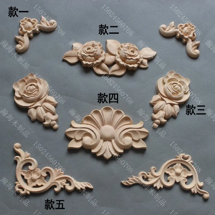 Fashion furniture carved solid wood decoration applique cabinet door motif carved corner flower rose flakes