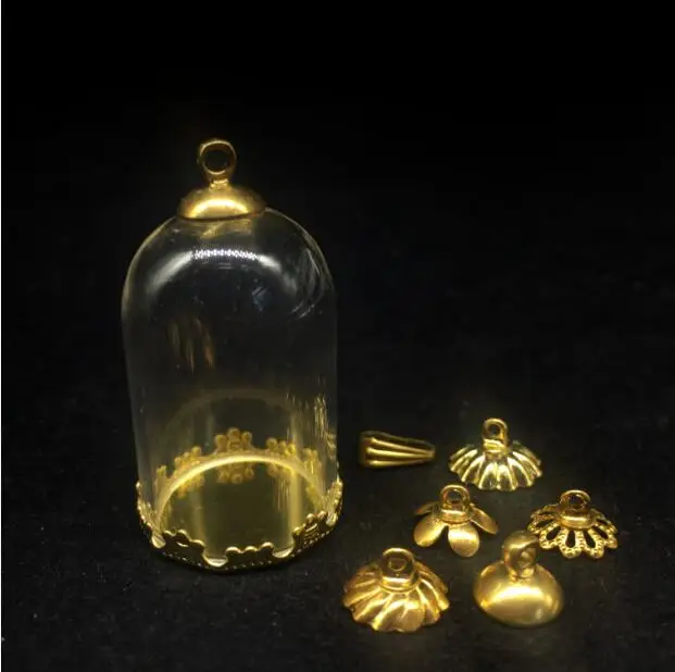 100sets/lot bell jar shape 30*20mm glass globe 20mm gold crown base 8mm cap set glass bottle necklace pendant glass vials