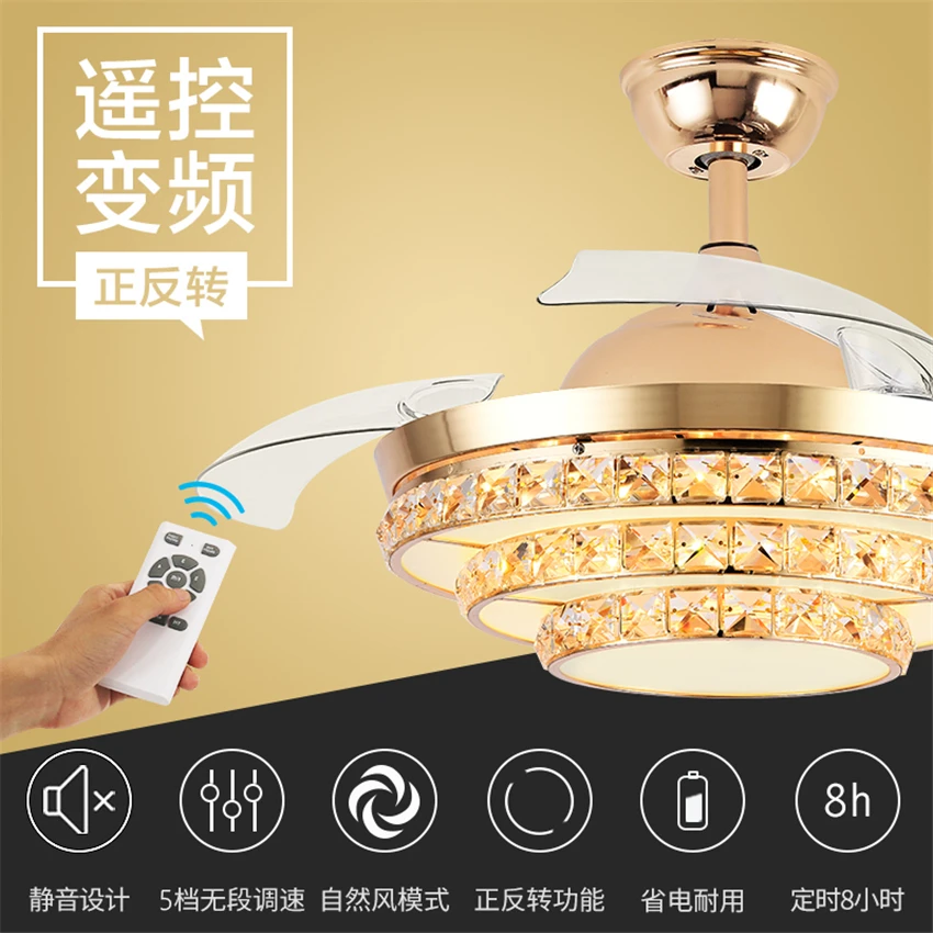 Crystal Invisible Fan Pendant Lights Restaurant European Living Room Remote Ceiling Fan Lamp Home Deco  Kitchen Hanging Lamps