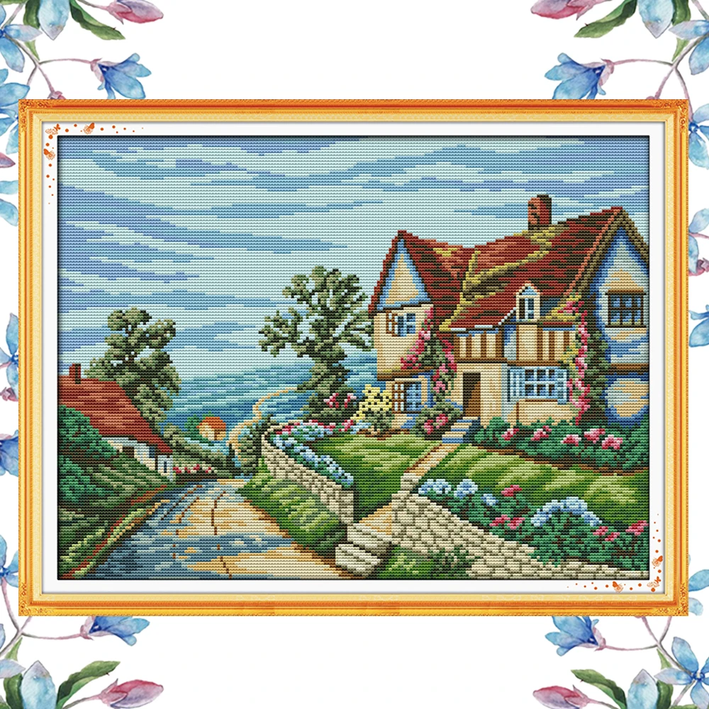 NKF Beautiful Village Counted Cross Stitch Pattern Painting DIY Needlework Embroidery Scenery Cross Stitch Kits for Home Decor