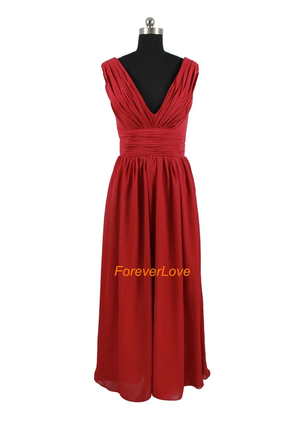 

Beautiful V Neck Pleat Sleeveless A Line Red Chiffon Long Prom Dress Bridesmaid Party Formal Gowns