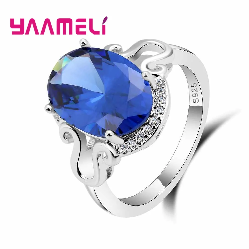 Big Blue Oval Stone Finger Ring Rings for Cocktail Party 925 Sterling Silver with Shining Cubic Zircon Stone Jewelry