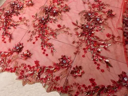 La Belleza 1 yard red sequins acrylic stones 3D handmade flowers on net wedding dress/evening/show/stage dress lace fabric