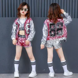 Girls Sequin Hip Hop Clothes for Kids Coat Tops Shirt Short Jazz Dance Costume Ballroom Dancing Clothing Streetwear for Children