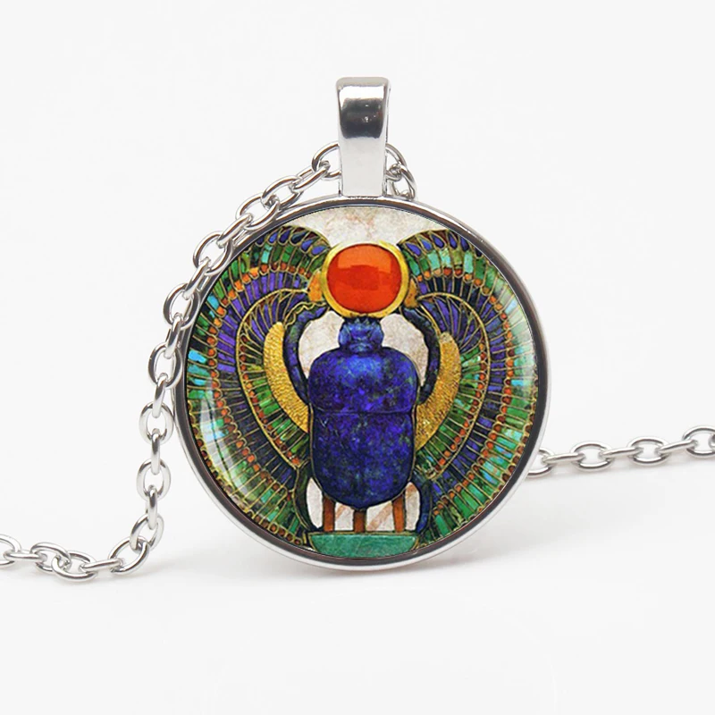 Vintage Egyptian Sacred Beetle Pattern Pendant Necklace Ancient Egyptian Style Glass Long Chain Man Woman Gift Jewelry Choker