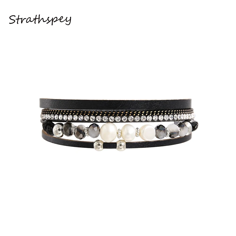 STRATHSPEY Beautiful Wrap Leather Rhinestone Bangle Magnet Charm Bracelet With Simulated Pearl Four Layers Women Jewelry Gift