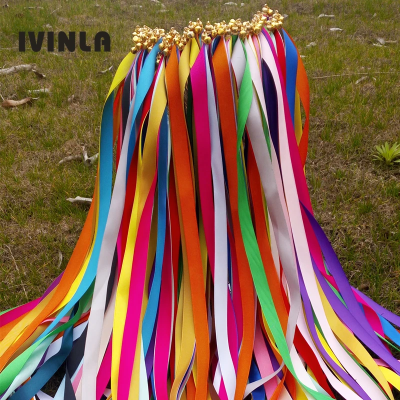 50/20/10pcs/lot Colorful stain ribbon wedding stick Mixed color wedding wands With gold Bells for wedding decoration