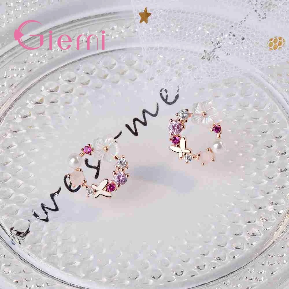 Real 925 Sterling Silver Earrings Pretty Butterfly Colorful Flowers+White Peal Cubic Zirconia Crystal Jewelry For Women