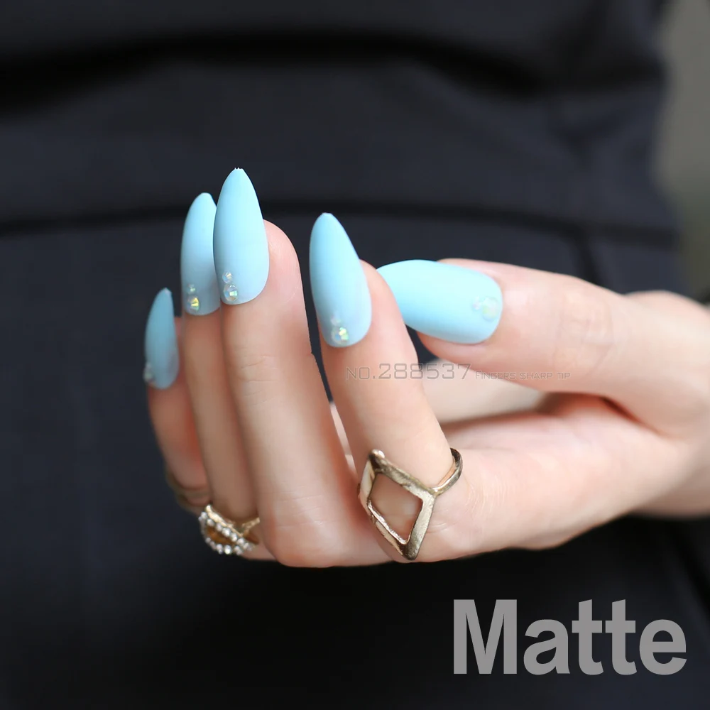 Matte Blue Press On Nails Bling Nail Art False Short Pointed Soft fake stiletto nails shiny sky blue full cover with stickers