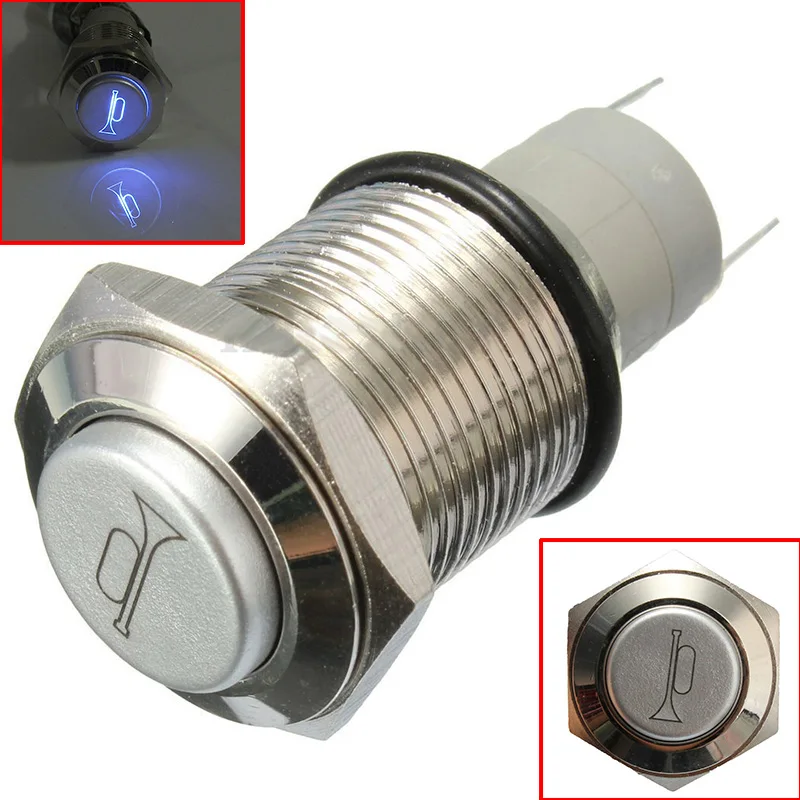 JX-LCLYL16MMStainless Steel Metal Button Switch illuminated Ring Blue LED 12 Momentary Push Not Fixed Flat Head MAX 10A