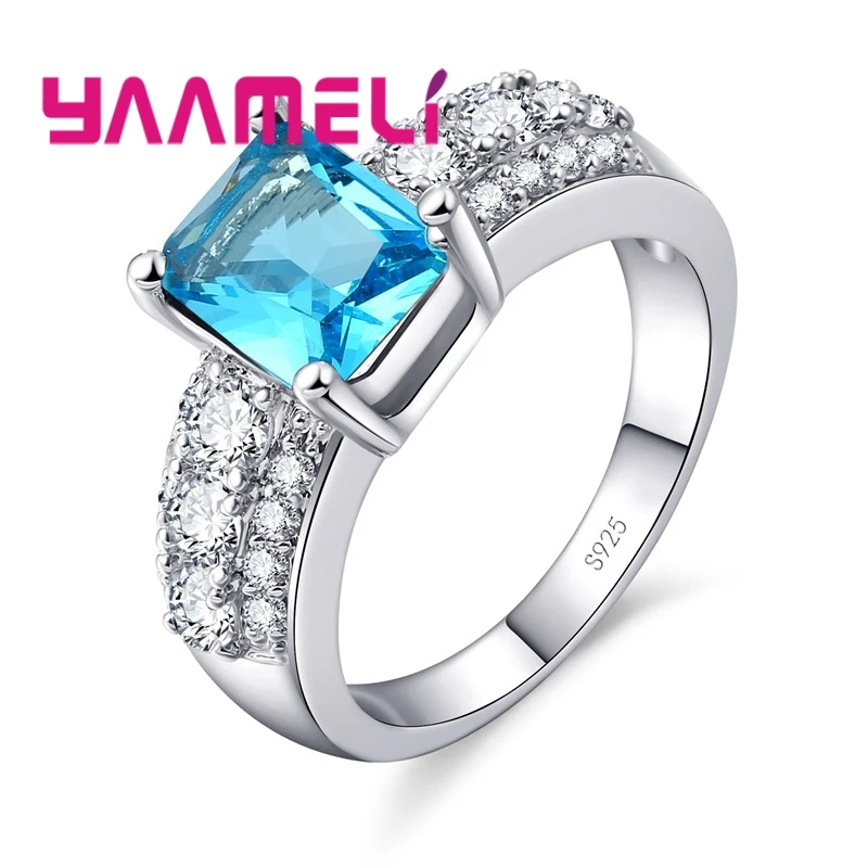 Ring 925 Sterling Silver Embellished Large Quartet Crystal Stone Cubic Zirconia Classic White/Red/Blue/Green/Purple