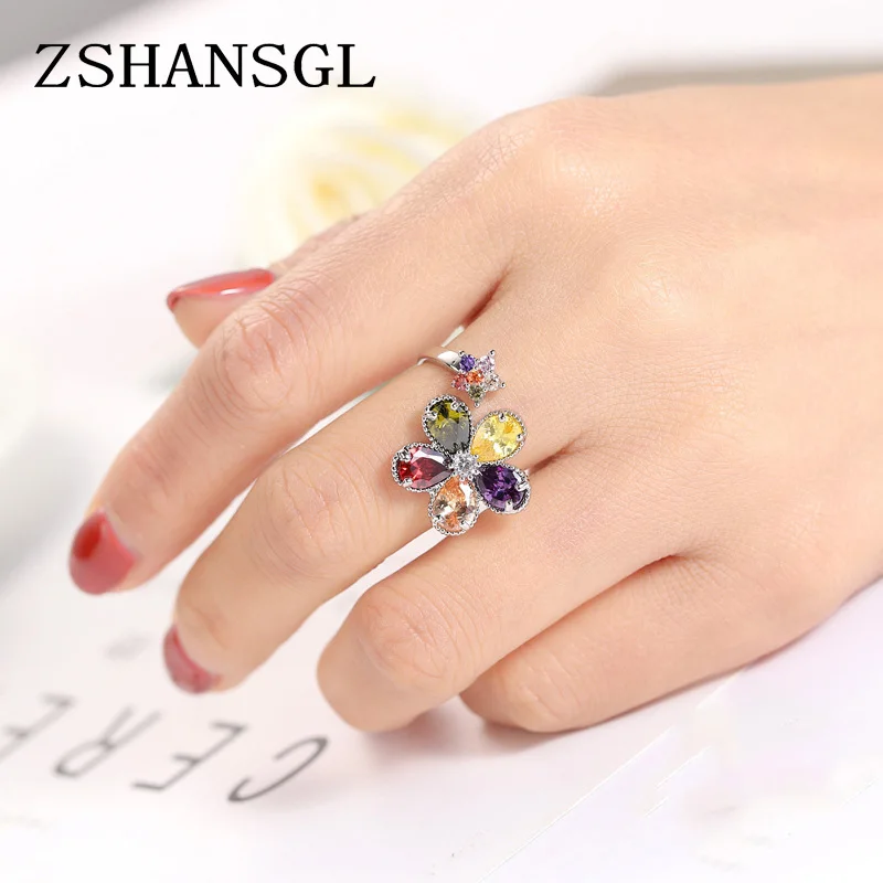 New Arrival 925 sterling silver Flower Shaped Cut Design Opening Rings Multicolor CZ Silver Color Ring for Women Fashion Jewelry
