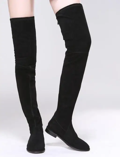 New black Stretch Fabric over knee high boots women pointed toe thigh high booties flats party women dress shoes tall bota