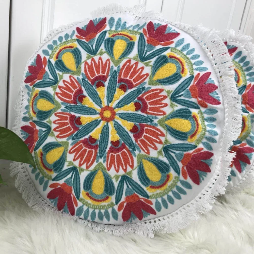 Round Cushion Cover Embroidery Ethical Floral Mandala with Embroidered For Sofa Seat Simple Home Decor 45*45cm