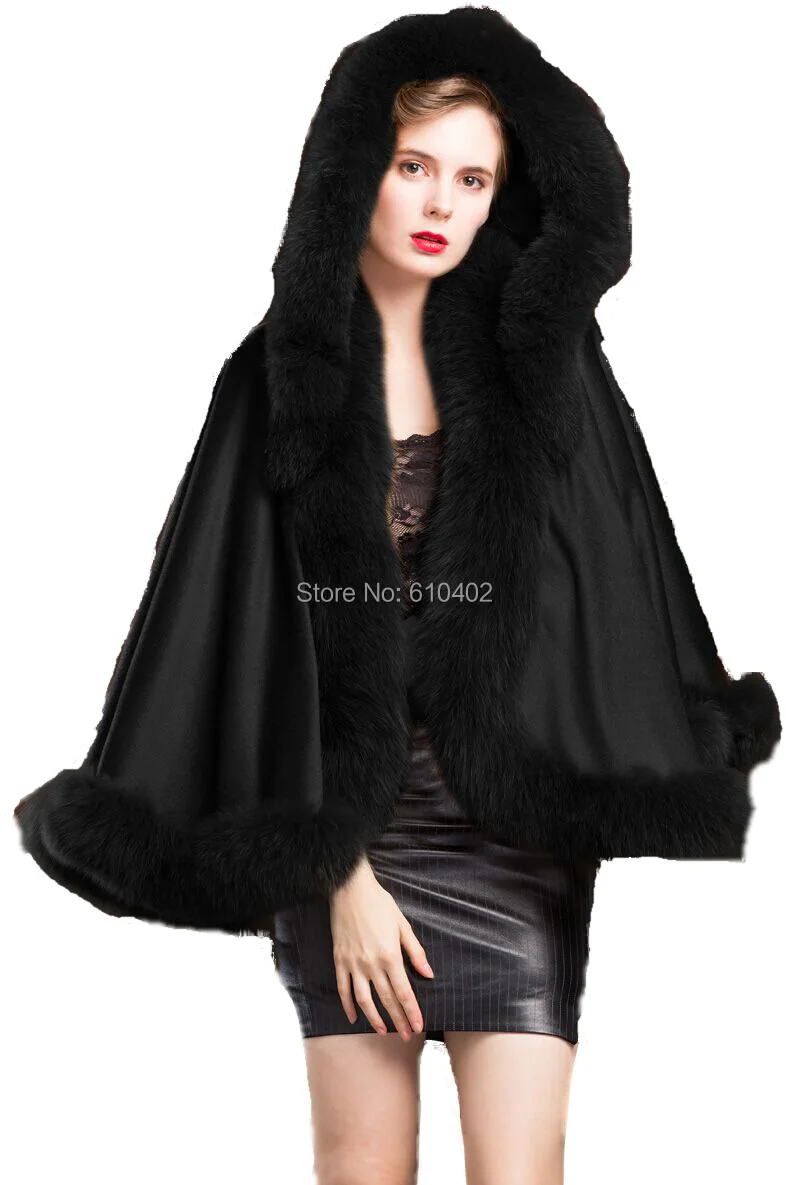 

Noble Genuine Real Cashmere Genuine Fox Fur Poncho With Cap "A" word style /shawl//Cape Wraps/Black