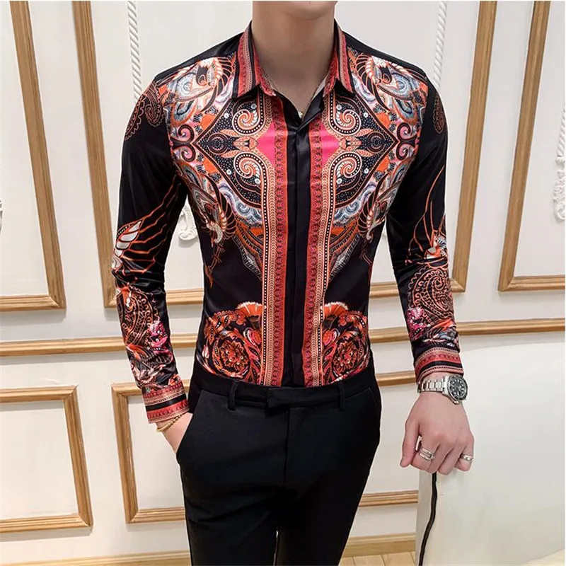 Impressão de luxo camisa masculina moda clube roupas dos homens designer marca floral camisa manga longa magro barroco camisa festa