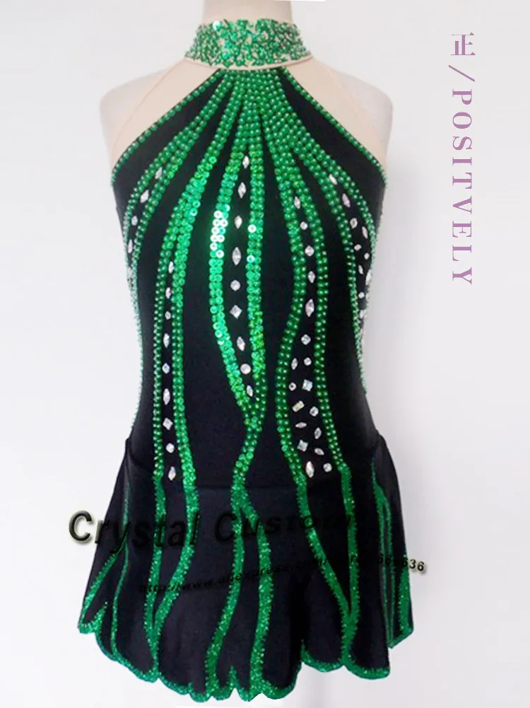 Dark Green  Figure Skating Competition Dress Customized With Colorful Strips New Brand Ice Skating Dress  DR3141