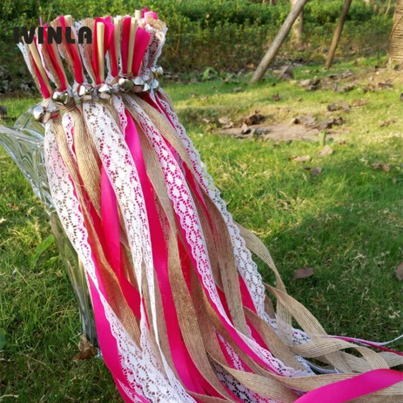 50pcs/lot Fushia Jute Ribbon Wedding Wands with big sliver Bells For Wedding Decoration