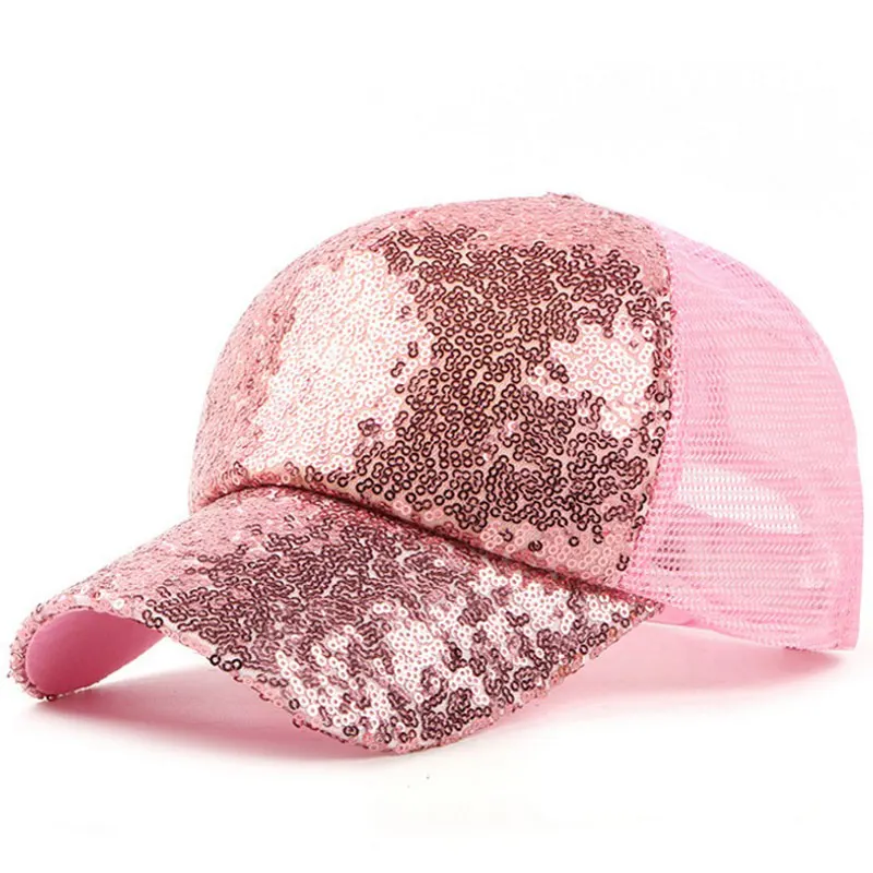 Men Women Bling Sequin Snapback Mesh Baseball Cap Trucker Hat Gold Blue Silver Pink Black