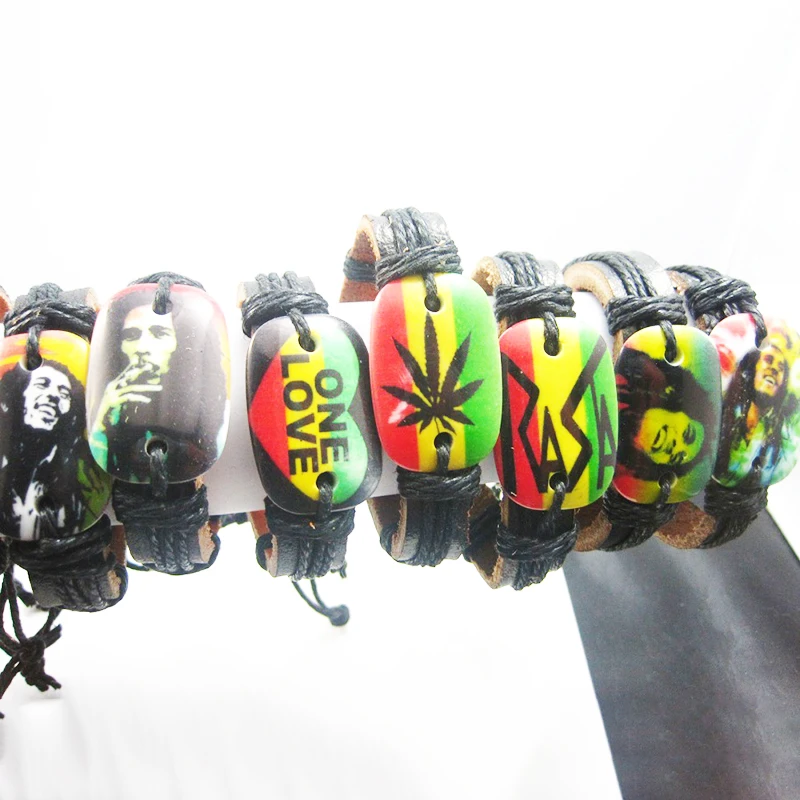 Brand New jewelry 12PCs different mixed black men\'s and women\'s Bob Marley Jamaica Reggae Rasta Leather Cuff Bracelets gifts