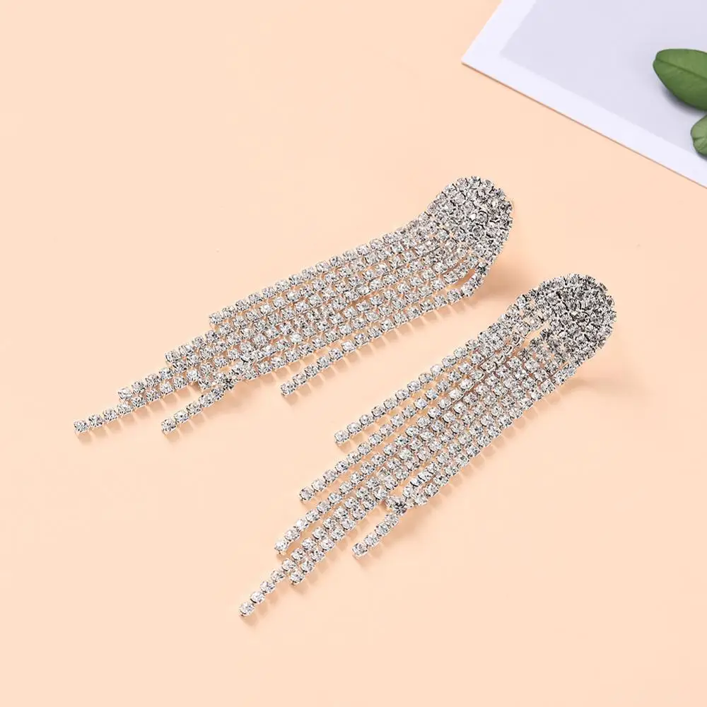 TREAZY NEW Rhinestone Wedding Drop Earrings for Women Silver Color Crystal Bridal Long Tassel Hanging Earring Night Club Jewelry