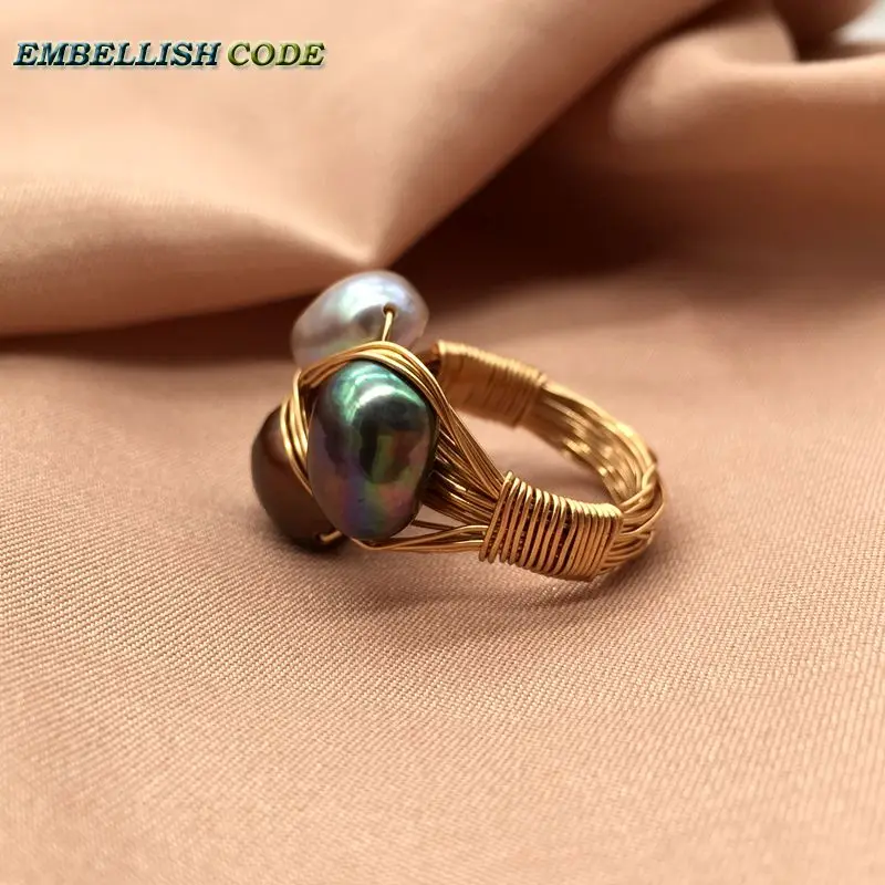 NEW Design original pieces gold with baroque ring pearls hand make rings peacock brown grey mixed color