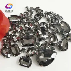 High Quality 68Pcs/pack Gray Mix Size Glass Crystal Flatback Sew on Claw Rhinestones, Diy Clothing Sewing Accessories