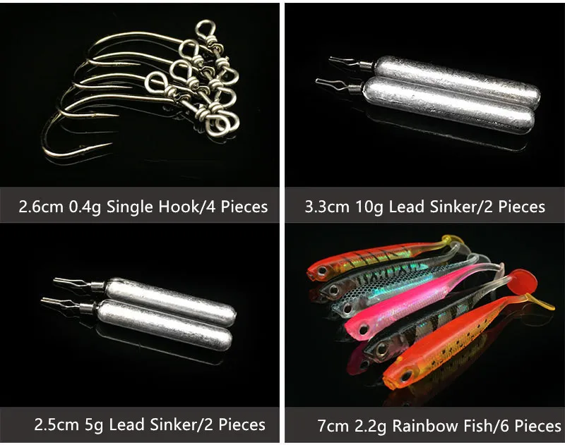 T-Tail Rainbow Fish Artificial Lure Kit Lead Down Sinker Balance Single Hook Soft Bait Fishing Tackle Accessories 14 Pieces Set