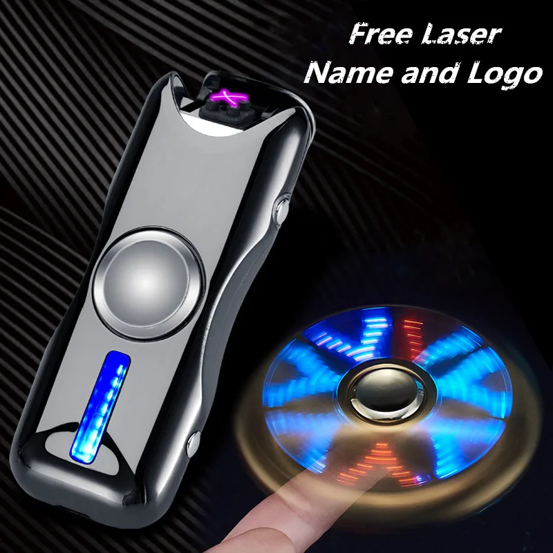 Dual Arc USB Lighter Gyro Toy Fingertip Lighter Hand Spinner Charging Windproof Rechargeable Electronic Plasma Free Laser Name