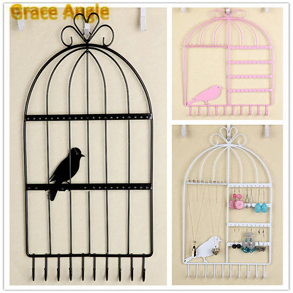 

1PCS Economic Bird Cage Iron Earrings Necklace Display Jewelry Wall Mount Stand Holder 40Holes 10Hooks Pink,Black,White