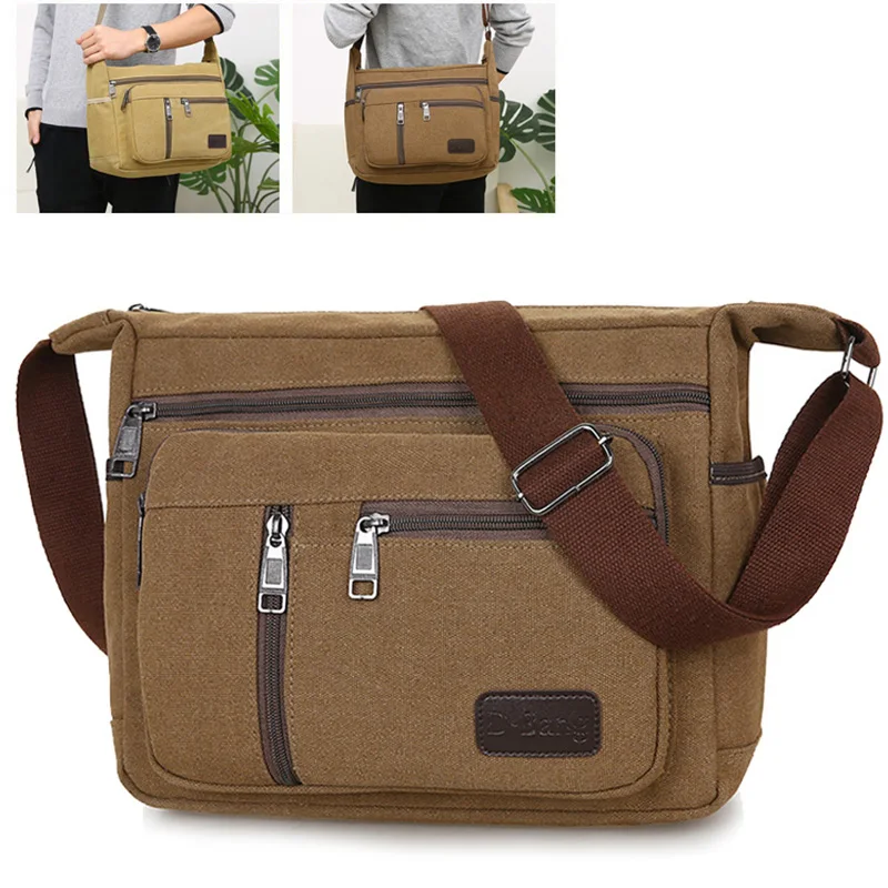 Men Canvas Shoulder Bag Multifunction Casual Travel Crossbody Bags Vintage Solid Zipper Men Messenger Top-handle Handbags