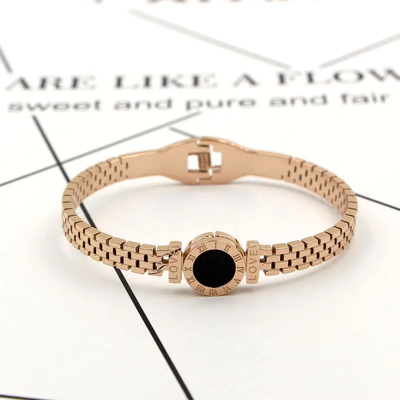 Hollow Imitation Strap with Black Roman Digital Round Bracelet Fashion Tide Female LOVE Titanium Steel Bracelet Accessories